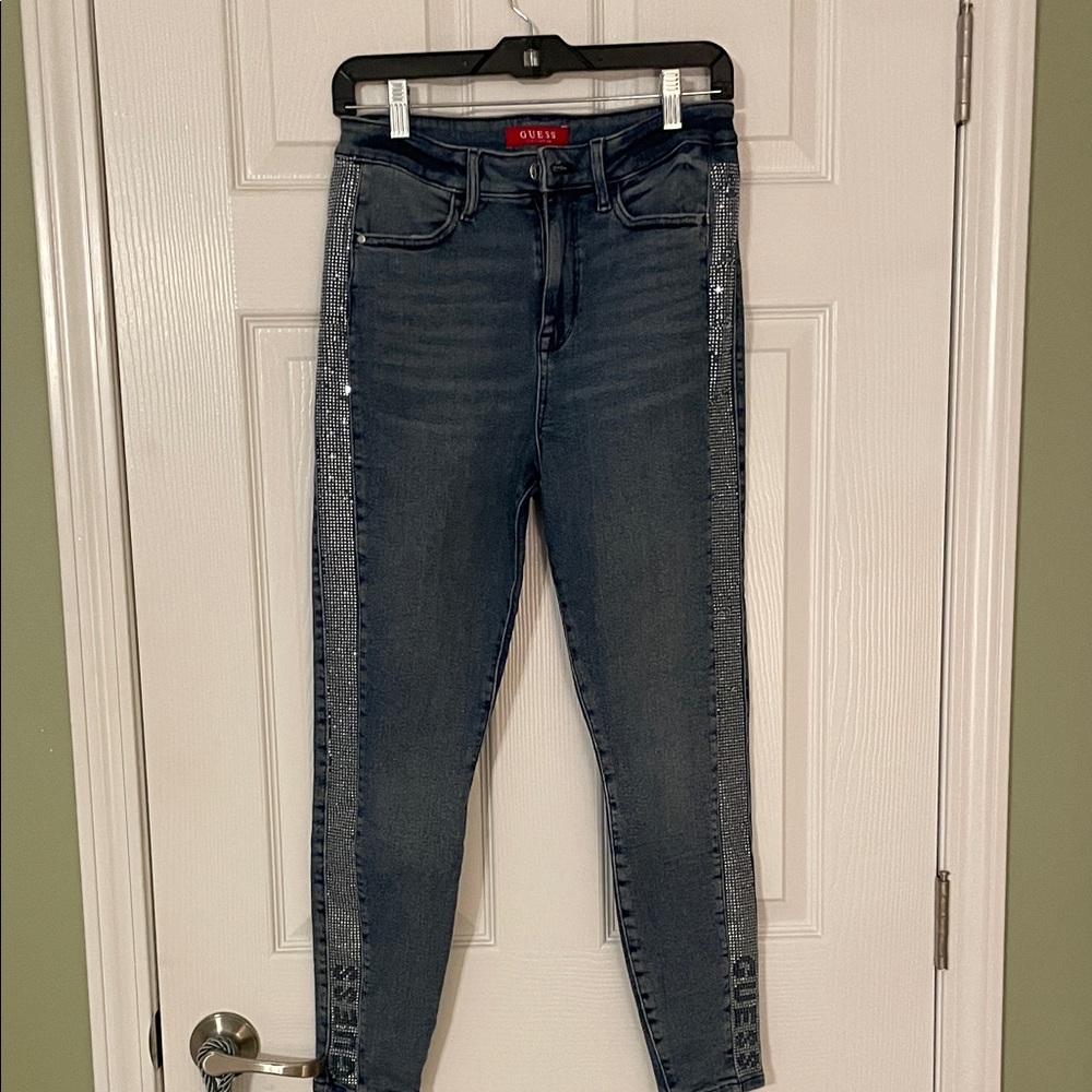 GUESS Women's Dark Blue Skinny Jeans with Silver Details